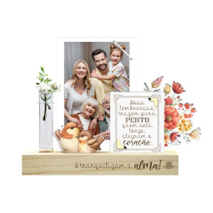 PORTA-RETRATO COM ELÁSTICO, PLACA E TUBETE BOAS...PASSARINHO 21X23X4,5