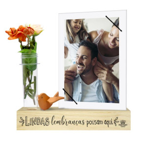 PORTA-RETRATO COM ELÁSTICO, TUBETE E PASSARINHO LINDAS...CELEBRAÇÃO 21X20X4