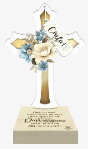 ENFEITE DE MESA COM APLIQUE CRUZ CONFIE, QUANDO...26X18X10