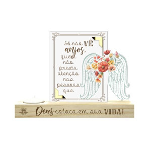 ENFEITE DE MESA COM VELA E APLIQUE SÓ NÃO VÊ ANJOS...14X20X4,5