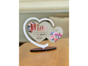 ENFEITE DE MESA COM CORAÇÃO EM ACRILICO E APLIQUE MÃE...BORBOLETA 16X18X4,5