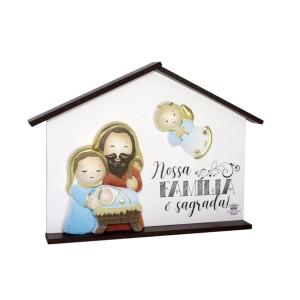 PLACA DE MESA CASA COM APLIQUE, NOSSA FAMÍLIA É SAGRADA 21X29,5