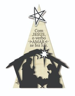 ENFEITE DE MESA COM APLIQUE PINHEIRO COM PRESÉPIO, COM JESUS...16X12