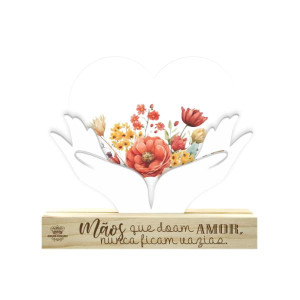 ENFEITE DE MESA COM APLIQUE E PLACA MÃOS QUE DOAM...PASSARINHO 14X16X3,5