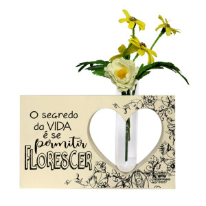 PLACA DE MESA VAZADA CRU COM TUBETE E FLORES O SEGREDO DA VIDA É SE PERMITIR... 12X16X3
