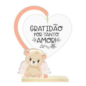 ENFEITE DE MESA CORAÇÃO ACRILICO GRATIDÃO BABY URSO ROSA 17X13,5