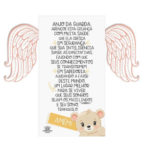 PLACA DE MESA COM ASAS ORAÇÃO ANJO DA GUARDA BABY URSO ROSA 18X20