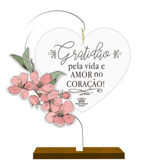 ENFEITE DE MESA COM CORAÇÃO EM ACRILICO GRATIDÃO...CEREJEIRA 17X13,5