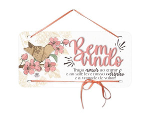 MÓBILE DE PAREDE COM APLIQUE BEM-VINDO, TRAGA AMOR...CEREJEIRA 14X28