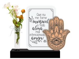 ENFEITE DE MESA COM TUBETE E PLACA QUE EU ME TORNE INVISÍVEL...BENÇÃO 20X20X4,5