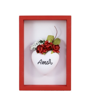 QUADRO COM APLIQUE CORAÇÃO E FLORES AMOR 16,5X11,5