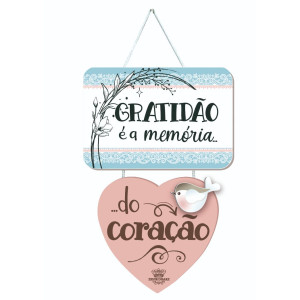 MÓBILE DE PAREDE COM APLIQUE GRATIDÃO É A MEMÓRIA DO CORAÇÃO...PÁSSARO 19,5X12