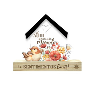 ENFEITE DE MESA COM APLIQUE AQUI SOMOS MORADA....PASSARINHHO 14,5X18