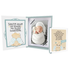 CAIXA PORTA RETRATO SANTO ANJO BABY URSO AZUL 19,5X15,5X3,5
