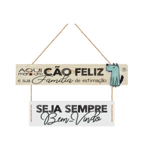 MÓBILE DE PAREDE CRU COM APLIQUE AQUI MORA UM CÃO FELIZ 13X26,5