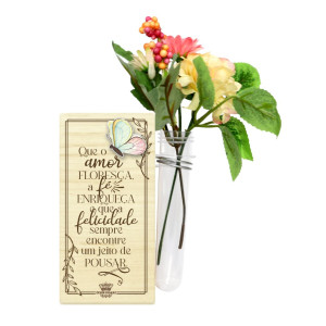 ENFEITE DE MESA COM TUBETE E FLORES COM APLIQUE QUE O AMOR FLORESÇA...19X9