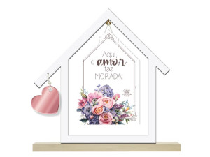 ENFEITE DE MESA CASINHA VAZADA AQUI O AMOR FAZ MORADA...BORBOLETA 19,5X20X3