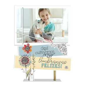 ENFEITE DE MESA COM PLAQUINHA E PORTA RETRATO AQUI CULTIVAMOS LEMBRANÇAS...JARDIM...23X16,5