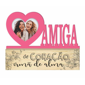 MADEIRINHA CRU COM PORTA RETRATO CORAÇÃO E PALAVRA AMIGA DE CORAÇÃO...17X22