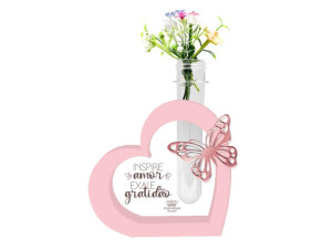 ENFEITE DE MESA CORAÇÃO VAZADO COM TUBETE E FLORES INSPIRE AMOR...BORBOLETA 17X12X3,5