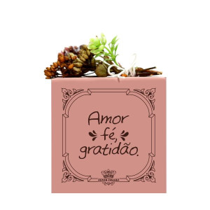 PLACA DE MESA COM APLIQUE AMOR, FÉ, GRATIDÃO...FLORESCER 10X8X3