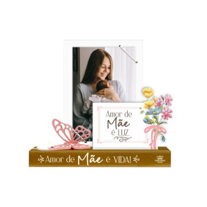 PORTA-RETRATO COM ELÁSTICO, PLACA E VELA AMOR DE MÃE...BORBOLETA 20X21X7