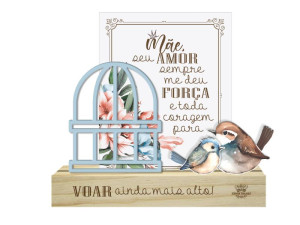 ENFEITE DE MESA COM APLIQUE MÃE SEU AMOR SEMPRE...PÁSSAROS 15X16X4,5