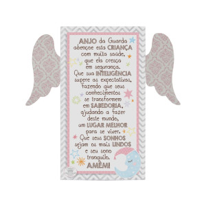 PLACA DE MESA COM ASAS SANTO ANJO DO SENHOR ROSA 18X20