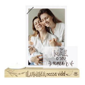 PORTA-RETRATO COM ELÁSTICO, PLACA E VELA MÃE O SEU AMOR...CELEBRAÇÃO 21X22X6