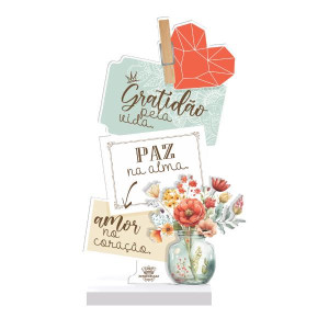 ENFEITE DE MESA COM APLIQUE GRATIDÃO PELA VIDA... PASSARINHO 22X12X5