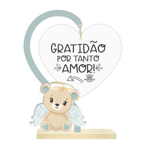 ENFEITE DE MESA CORAÇÃO ACRILICO GRATIDÃO BABY URSO AZUL 17X13,5