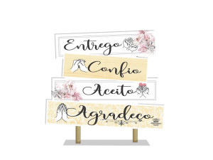 ENFEITE DE MESA COM PLAQUINHAS ENTREGO, CONFIO, ACEITO...22X20