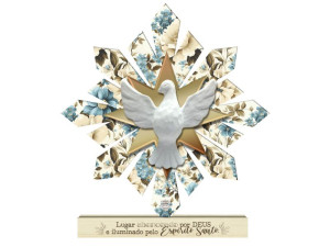 ENFEITE DE MESA COM APLIQUE ESPIRITO SANTO...LUGAR ABENÇOADO...26X25X3,5