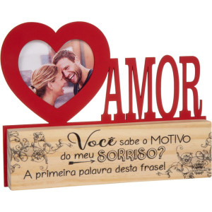 MADEIRINHA CRU COM PORTA RETRATO CORAÇÃO E PALAVRA AMOR VOCÊ SABE O MOTIVO...17X22