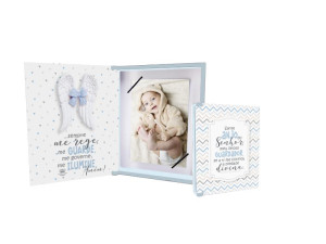 CAIXA/PORTA RETRATO ARTICULADA COM APLIQUE BEBÊ AZUL 19,5X15,5X3,5