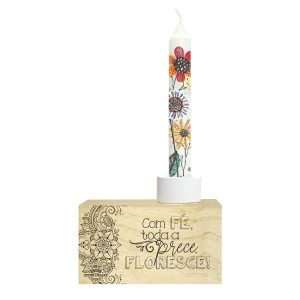 ENFEITE DE MESA COM VELA, COM FÉ TODA A PRECE FLORESCE...JARDIM...18X9X4