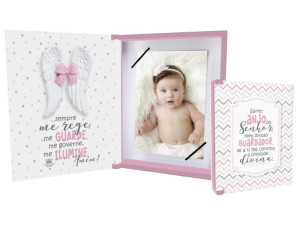 CAIXA/PORTA RETRATO ARTICULADA COM APLIQUE BEBÊ ROSA 19,5X15,5X3,5