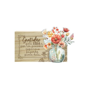 PLACA DE MESA CRU COM APLIQUE GRATIDÃO PELA VIDA...PASSARINHO 8X14
