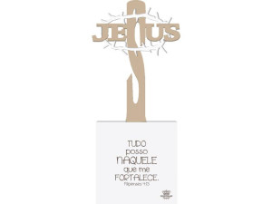 PLACA DE MESA COM APLIQUE E CRUZ JESUS 25X10