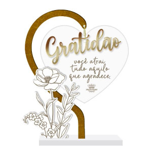 ENFEITE DE MESA COM CORAÇÃO ACRÍLICO GRATIDÃO... AURORA 1 16X13