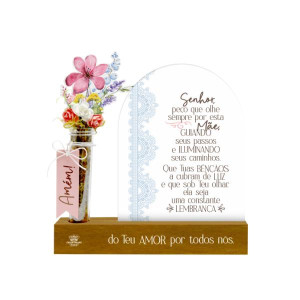 ENFEITE DE MESA COM PLACA E TUBETE SENHOR PEÇO QUE OLHE...MÃE BORBOLETA 20X20X3,5