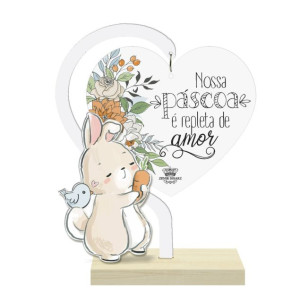 ENFEITE DE MESA COM CORAÇÃO EM ACRILICO NOSSA PÁSCOA...17X13,5