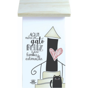 PLACA DE MESA CASINHA COM APLIQUE AQUI MORA UM GATO FELIZ... 20,5X12