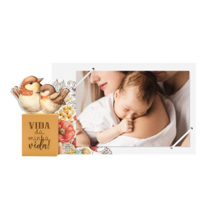 PORTA-RETRATO COM ELÁSTICO E CUBO VIDA DA MINHA VIDA...MÃE PASSARINHHO 12X23X3