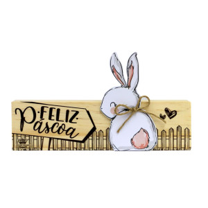 PLACA DE MESA CRU COM APLIQUE FELIZ PÁSCOA 12X21,5