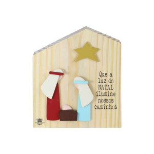 PLACA DE MESA CASINHA COM APLIQUE PRESÉPIO... QUE A LUZ DO NATAL 19,5X16,5X3
