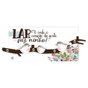 PORTA-CHAVE COM APLIQUE LAR É ONDE O CORAÇÃO DA GENTE FAZ NINHO 14,5X35