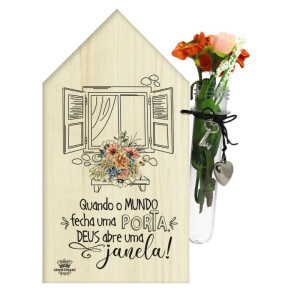 PLACA DE MESA CASINHA COM TUBETE E FLORES QUANDO O MUNDO...CELEBRAÇÃO 20X13