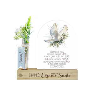 ENFEITE DE MESA COM PLACA E TUBETE DIVINO ESPÍRITO SANTO...20X20X3,5