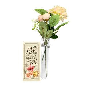 ENFEITE DE MESA COM TUBETE E FLORES MÃE É PRESENTE...19X9